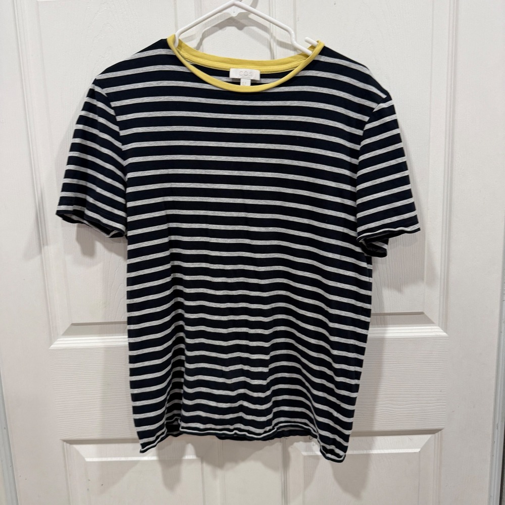 COS Mens Striped Short Sleeve T-Shirt Navy Grey Yellow Trim Size M